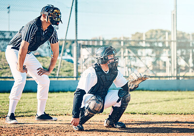 Buy stock photo Sports, baseball and umpire with man on field for fitness, pitching and championship training. Workout, catcher and exercise with athlete playing at stadium for competition match, cardio and league
