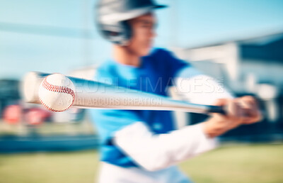 Buy stock photo Baseball, game and man with training, speed and outdoor for exercise, blurry and wellness. Male athlete, guy and athlete with bat, health and hit a fast ball, practice and routine on field or workout