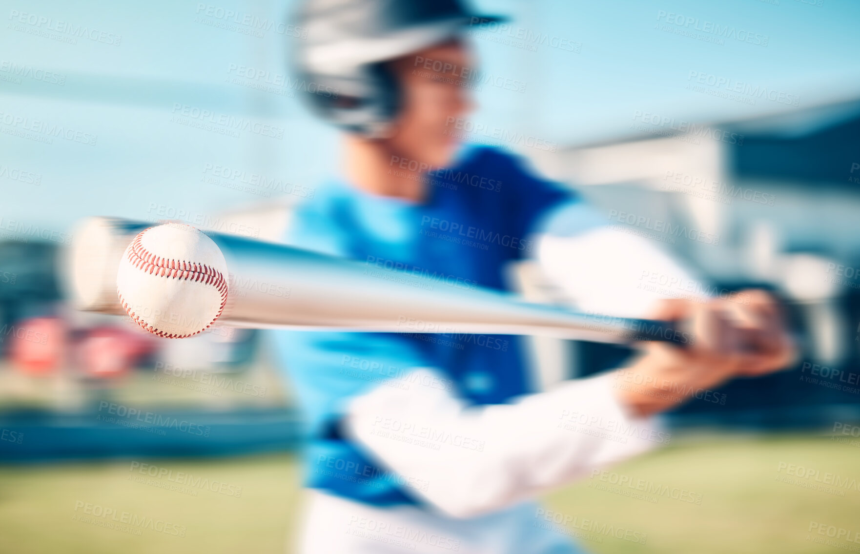 Buy stock photo Baseball, game and man with training, speed and outdoor for exercise, blurry and wellness. Male athlete, guy and athlete with bat, health and hit a fast ball, practice and routine on field or workout