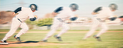 Running, sports and baseball with man on field for fitness, training and speed for home run. Action, motion blur and fast with athlete playing in stadium for competition, exercise and game match