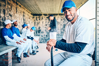 Buy stock photo Baseball team, portrait and man from Dominican Republic smile of a player in sports dugout. Exercise, sport training and happiness of an athlete at a stadium for workout, game and competition