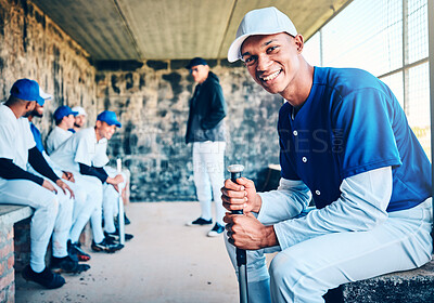 Buy stock photo Baseball player, dugout and portrait of a black man with sports team and smile in stadium. Exercise, fitness and training motivation of a softball group at sport game feeling relax from solidarity