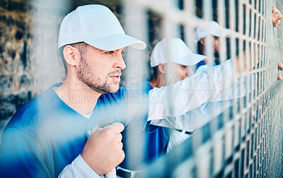 Buy stock photo Baseball, team and sports with a man in a dugout, standing behind a cage to watch a competitive game. Fitness, teamwork and uniform with a male athlete or player waiting for his chance to bat