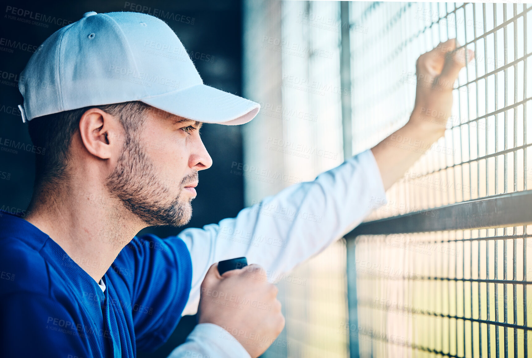Buy stock photo Sports, serious and baseball with man in dugout for thinking, training and planning strategy. Relax, fitness and workout with athlete in park stadium for focus, competition match or coaching
