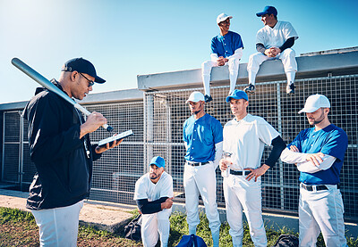 Buy stock photo Sports, baseball and coach talking to the team on the field before a game, workout or training. Fitness, discussion and trainer planning a strategy with a male sport group before a match or practice.