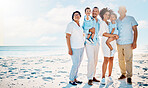 Happy portrait, beach love or big family bonding, relax or enjoy quality time together for vacation, holiday peace or freedom. Sea mockup, outdoor travel sky or nature people in Rio de Janeiro Brazil