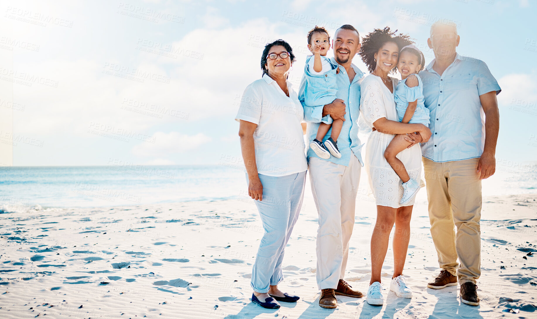 Buy stock photo Happy portrait, beach love or big family bonding, relax or enjoy quality time together for vacation, holiday peace or freedom. Sea mockup, outdoor travel sky or nature people in Rio de Janeiro