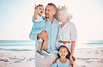 Happy portrait, beach sunshine and family bond, relax or enjoy quality time together for vacation, holiday peace or freedom. Sea water, outdoor travel or nature people love in Rio de Janeiro Brazil