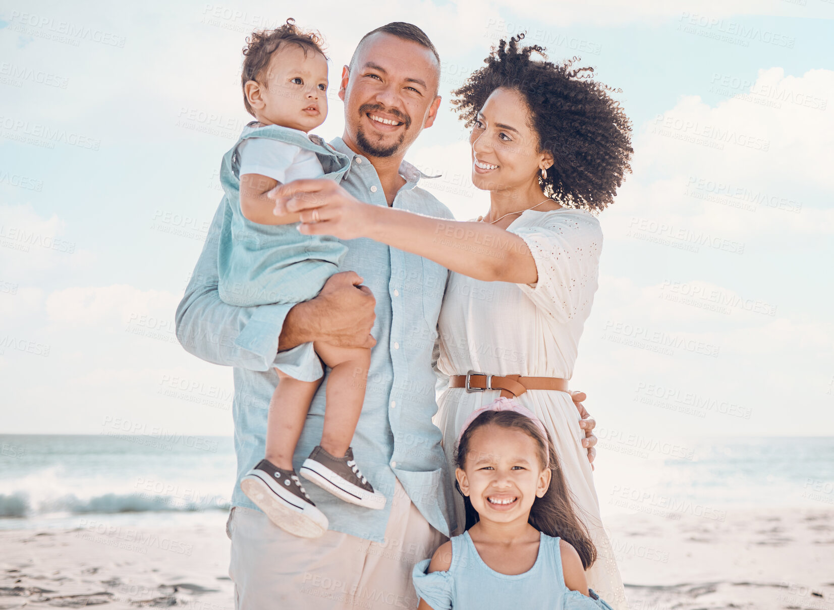 Buy stock photo Happy portrait, beach love and family bonding, relax or enjoy quality time together for vacation, holiday peace or ocean freedom. Sea water, outdoor travel or nature people in Rio de Janeiro Brazil