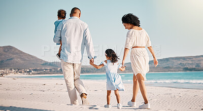 Buy stock photo Holding hands, family love and beach walking, bonding or enjoy quality time together for vacation, holiday peace or freedom. Sea water, ocean and back view of travel people in Rio de Janeiro