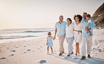 Family, grandparents and children walking on beach for holiday, vacation and bonding on weekend trip by sea. Travel, summer and kids holding hands with mom and dad for adventure, journey and relax