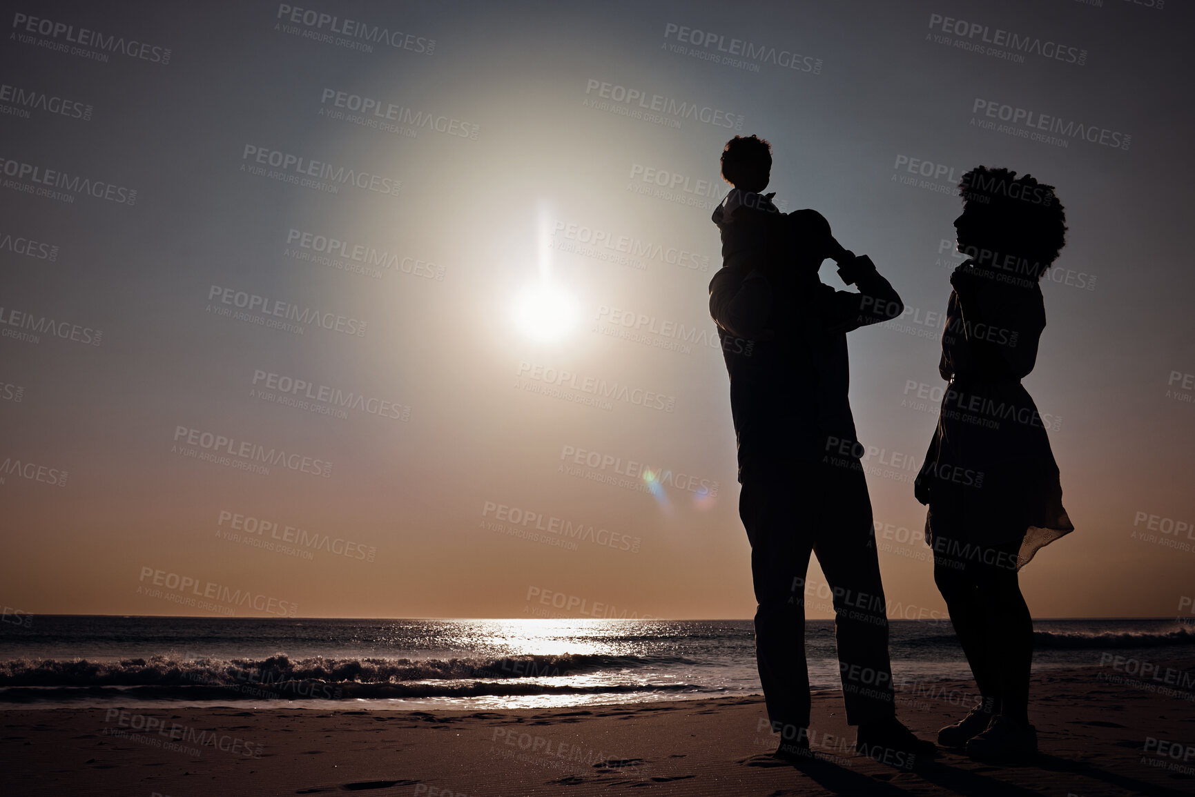 Buy stock photo Sunset silhouette, beach love and family bonding, relax or enjoy quality time together for vacation, holiday peace or freedom. Sea water, travel mockup and outdoor nature people in Sydney Australia