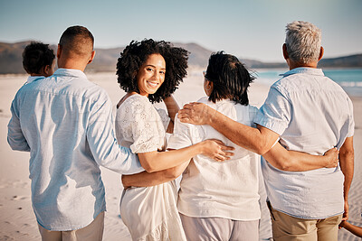 Buy stock photo Love hug, beach portrait and family walking, bond or enjoy quality time together for vacation, holiday peace or freedom. Ocean sea, summer travel or back view of relax people in Rio de Janeiro