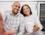 Selfie, black couple smile and morning in a kitchen happy about new real estate and property purchase. House, black woman and happiness of young people together taking a social media profile photo 