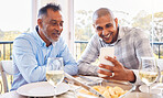 Black man selfie, senior dad and home with smile, love and bonding at table for celebration with web app. Men, smartphone photography or profile picture for social media with happiness, food and care