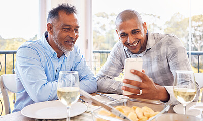 Buy stock photo Black man selfie, senior dad and home with smile, love and bonding at table for celebration with web app. Men, smartphone photography or profile picture for social media with happiness, food and care