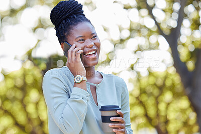 Buy stock photo Black woman laugh, phone conversation and morning outdoor with blurred background and planning. Smile, networking and business call on a work break on mobile communication and discussion by trees