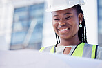Black woman, architect and blueprint for building at a construction site, happy and positive mindset. Building, project manager and lady worker with paper, plan and idea for innovation or renovation