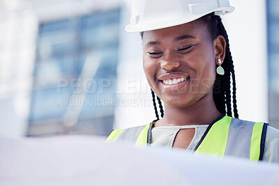 Buy stock photo Black woman, architect and blueprint for building at a construction site, happy and positive mindset. Engineer, project manager and lady worker with paper, plan and idea for innovation or renovation