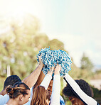 Cheerleader, sports motivation or people cheerleading in huddle with support, hope or faith on field in game. Team spirit, fitness or group of cheerleaders with pride, goals or solidarity together 