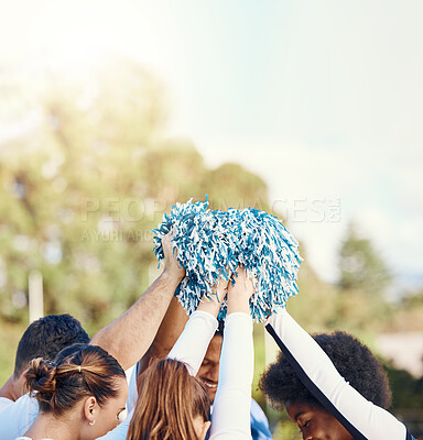 Buy stock photo Cheerleader, sports motivation or people cheerleading in huddle with support, hope or faith on field in game. Team spirit, fitness or group of cheerleaders with pride, goals or solidarity together 