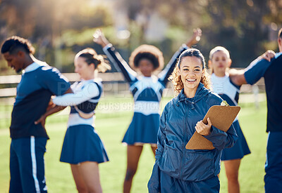 Buy stock photo Cheerleader team, woman portrait and training coach with clipboard for practice, sports management and competition. Happy black woman or cheerleading checklist for coaching group of people outdoor