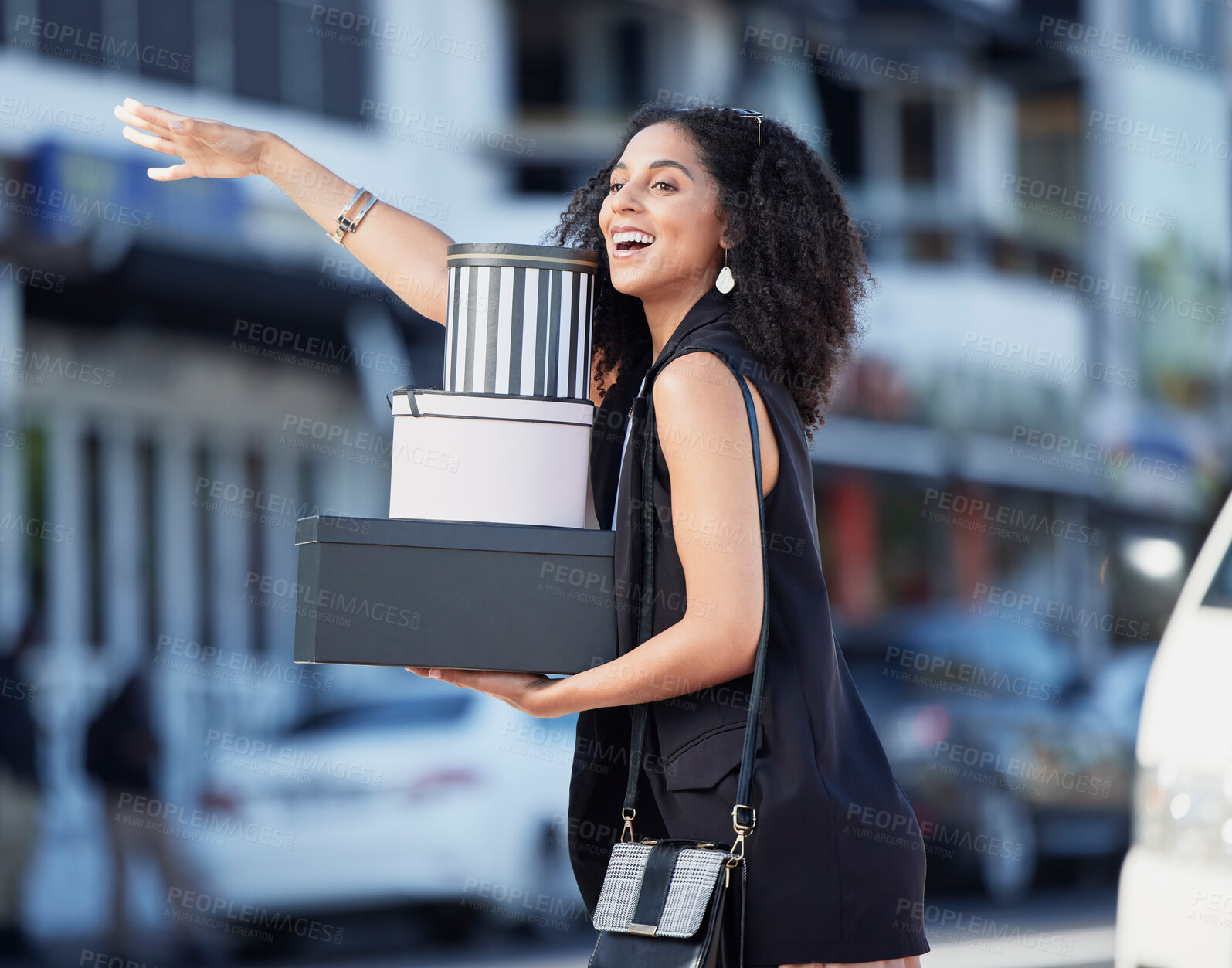 Buy stock photo Black woman, gift boxes and present box of a customer hail taxi outdoor in the city. Fashion sale, boutique and retail store promotion of a happy person done shopping and looking for transport