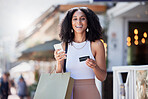 Credit card, shopping and portrait of woman with phone for ecommerce, information or subscription. Online payment, banking or membership for girl retail customer at a mall while checking credit score