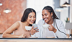 Women friends, coffee shop and smartphone with meme, happy and laugh at comic smile for social network. Gen z black woman, phone and relax in cafe with blog, funny video or reading on app ux for chat
