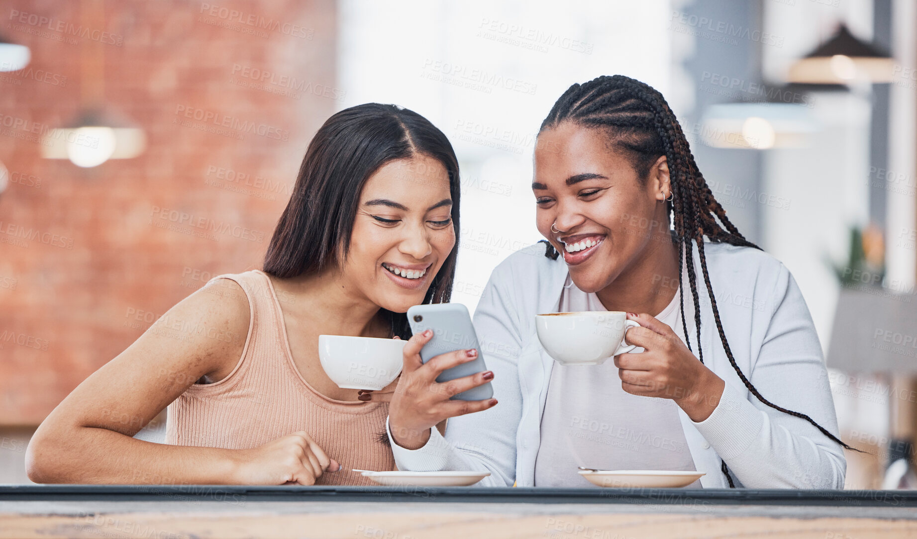 Buy stock photo Women friends, coffee shop and smartphone with meme, happy and laugh at comic smile for social network. Gen z black woman, phone and relax in cafe with blog, funny video or reading on app for chat