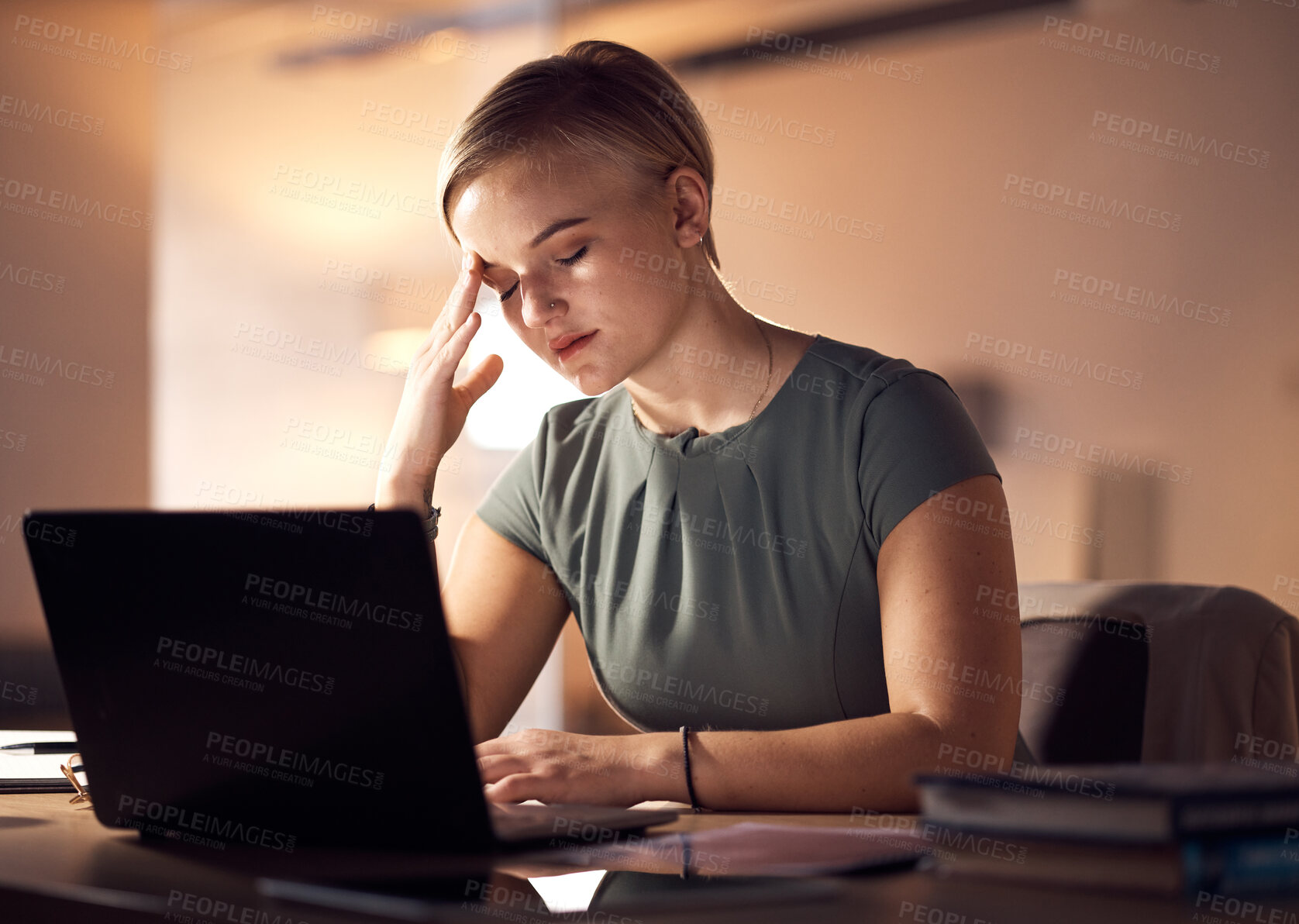 Buy stock photo Work stress, headache and business woman with office computer at night with project deadline. Working in dark, anxiety and burnout of corporate worker with a laptop problem and glitch feeling fatigue
