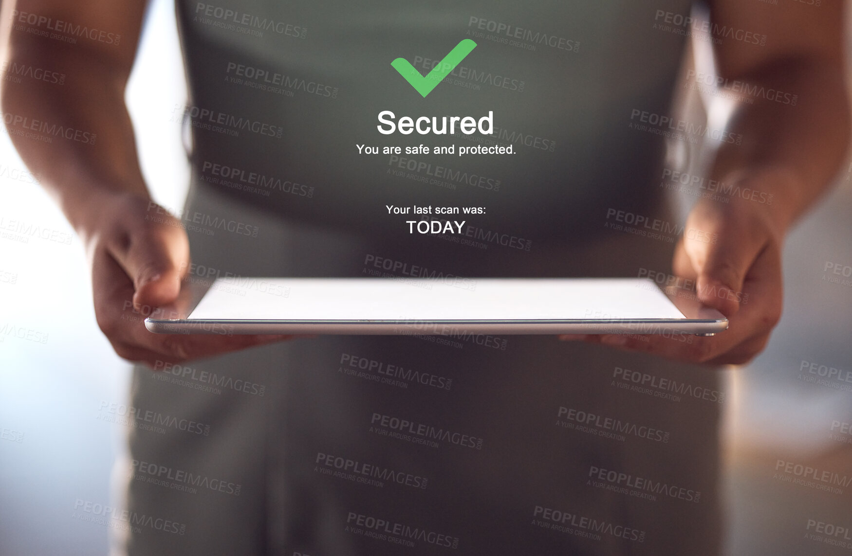 Buy stock photo Hands, antivirus and tablet software update, man and screen mockup with firewall upgrade and safety from hacker. Data protection plan, information technology and digital security, virus free device
