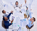 Excited, documents in air and business people in meeting for celebration, success and financial profit. Teamwork, office and group of happy workers throw paperwork for good news, achievement or bonus