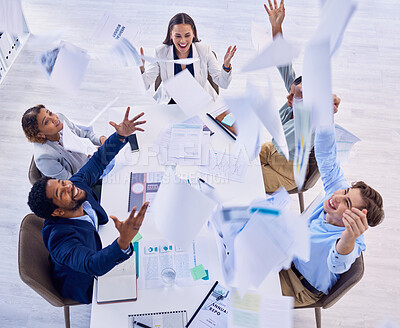 Buy stock photo Excited, documents in air and business people in meeting for celebration, success and financial profit. Teamwork, office and group of happy workers throw paperwork for good news, achievement or bonus