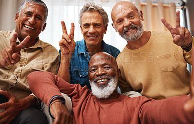 Buy stock photo Peace, happy and portrait of men with a selfie, bonding and memory during retirement. Party, smile and elderly friends with a hand sign for happiness, quality time and photo at home together