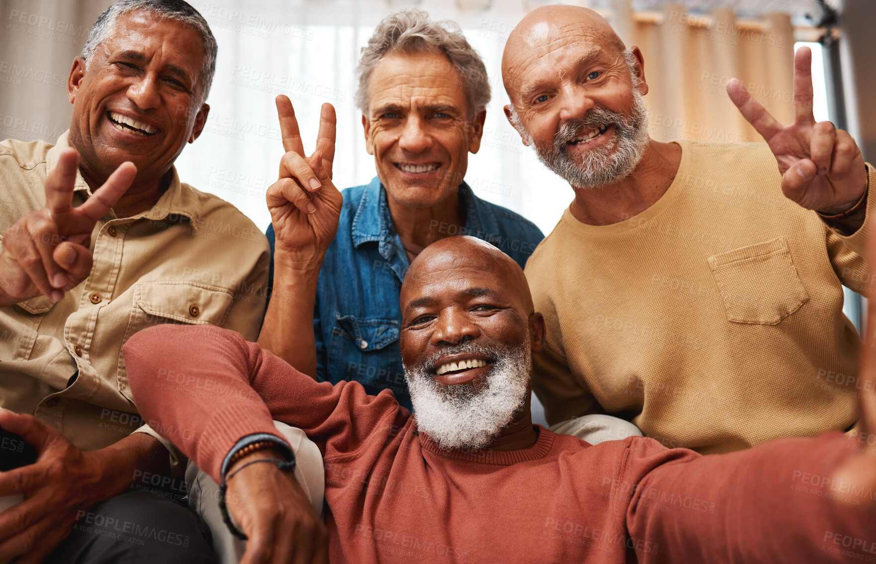 Buy stock photo Peace, happy and portrait of men with a selfie, bonding and memory during retirement. Party, smile and elderly friends with a hand sign for happiness, quality time and photo at home together