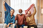 Flag, sports and watching tv with friends on sofa for relax, streaming and games entertainment. Support, happy and fans with senior french men in at home for winner, goal and news on television