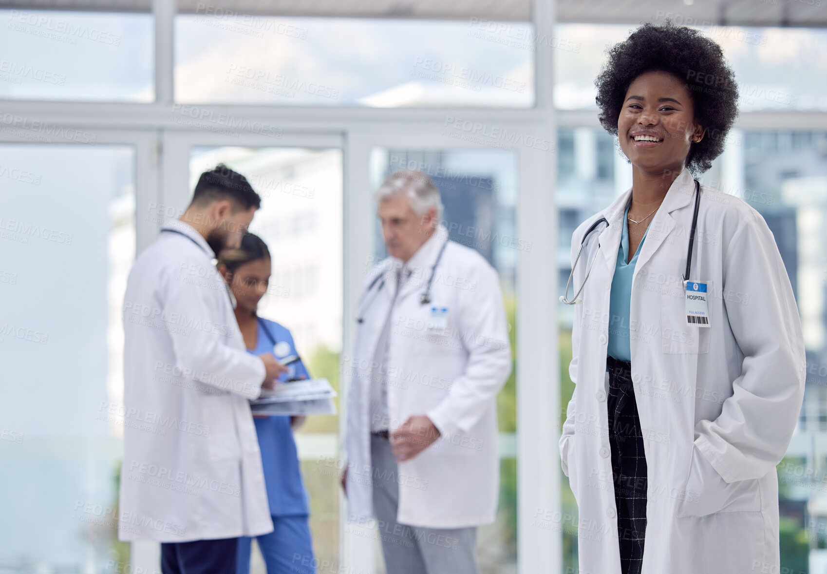 Buy stock photo Black woman, portrait or doctor in hospital leadership, about us or medical collaboration for clinic medicine, trust or life insurance. Smile, happy or healthcare worker in diversity teamwork or help