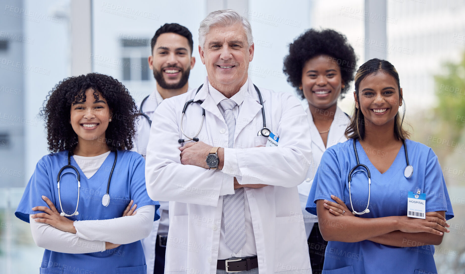 Buy stock photo Doctors, nurses or arms crossed portrait in hospital diversity, about us or leadership in people trust, community or support. Smile, happy and confident healthcare workers in teamwork collaboration