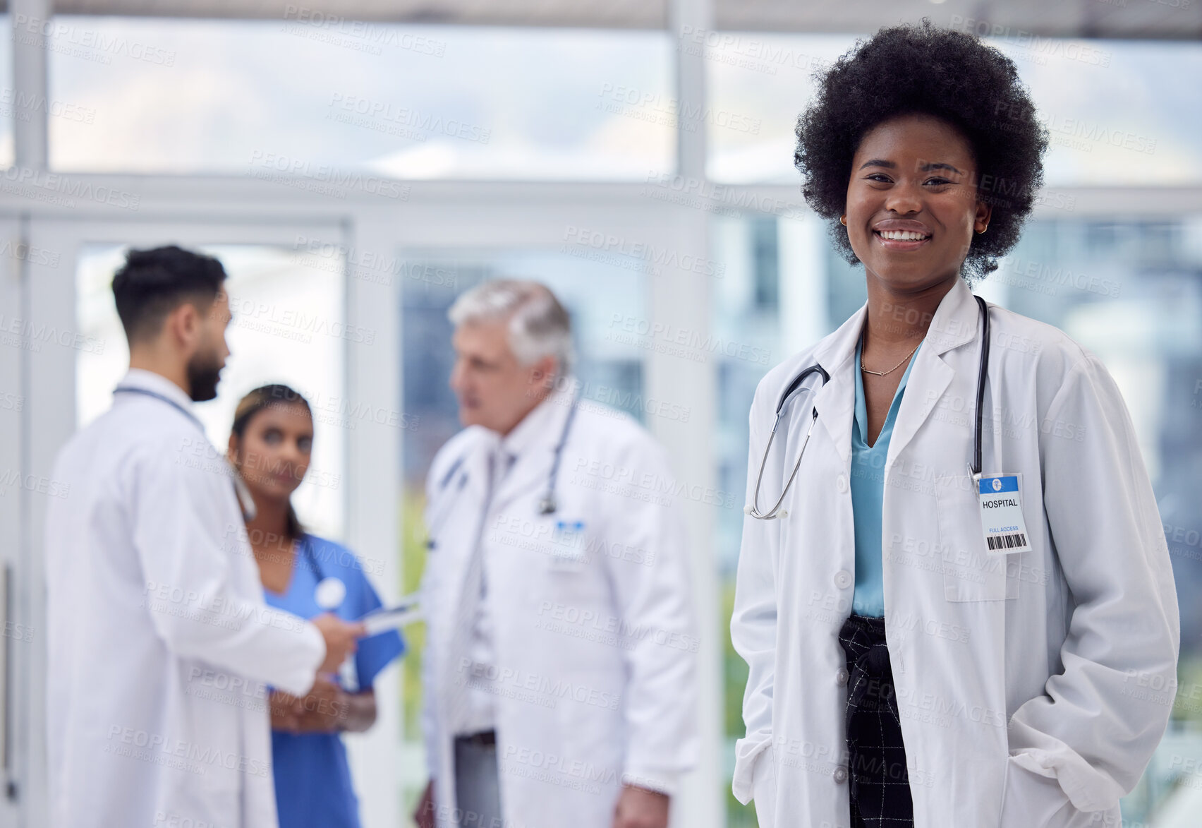Buy stock photo Black woman, portrait or doctor in clinic leadership, about us or medical collaboration for hospital medicine, trust or life insurance. Smile, happy or healthcare worker in diversity teamwork or help