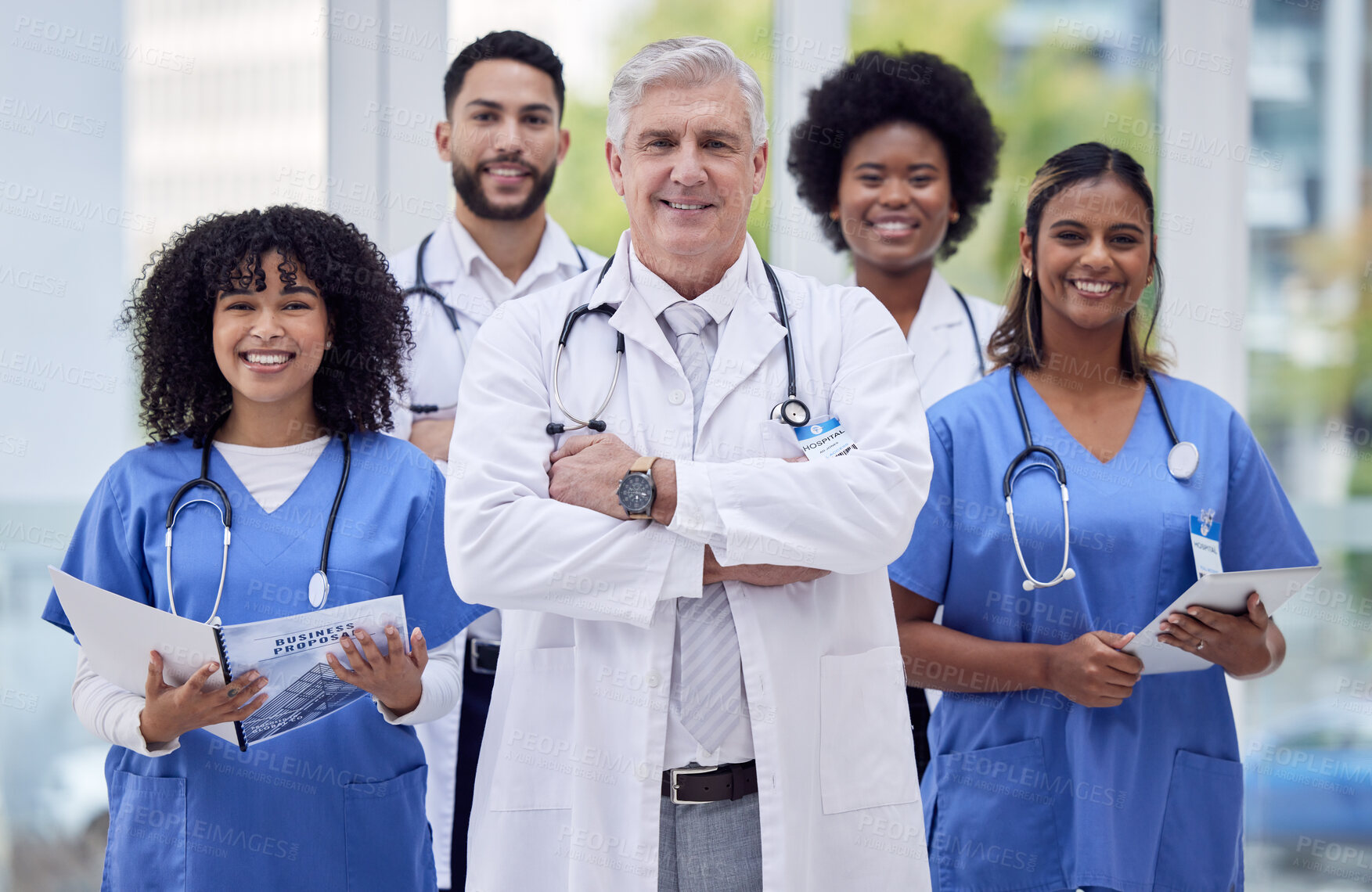 Buy stock photo Doctors, nurses and arms crossed portrait with leadership, tablet or paper results in diversity hospital, about us or support. Smile, happy or healthcare worker people in teamwork collaboration group
