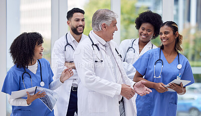 Buy stock photo Doctors, nurses or laughing in hospital diversity, teamwork or collaboration for team building, bonding or people support. Smile, happy or healthcare workers in funny joke, comic meme or group comedy