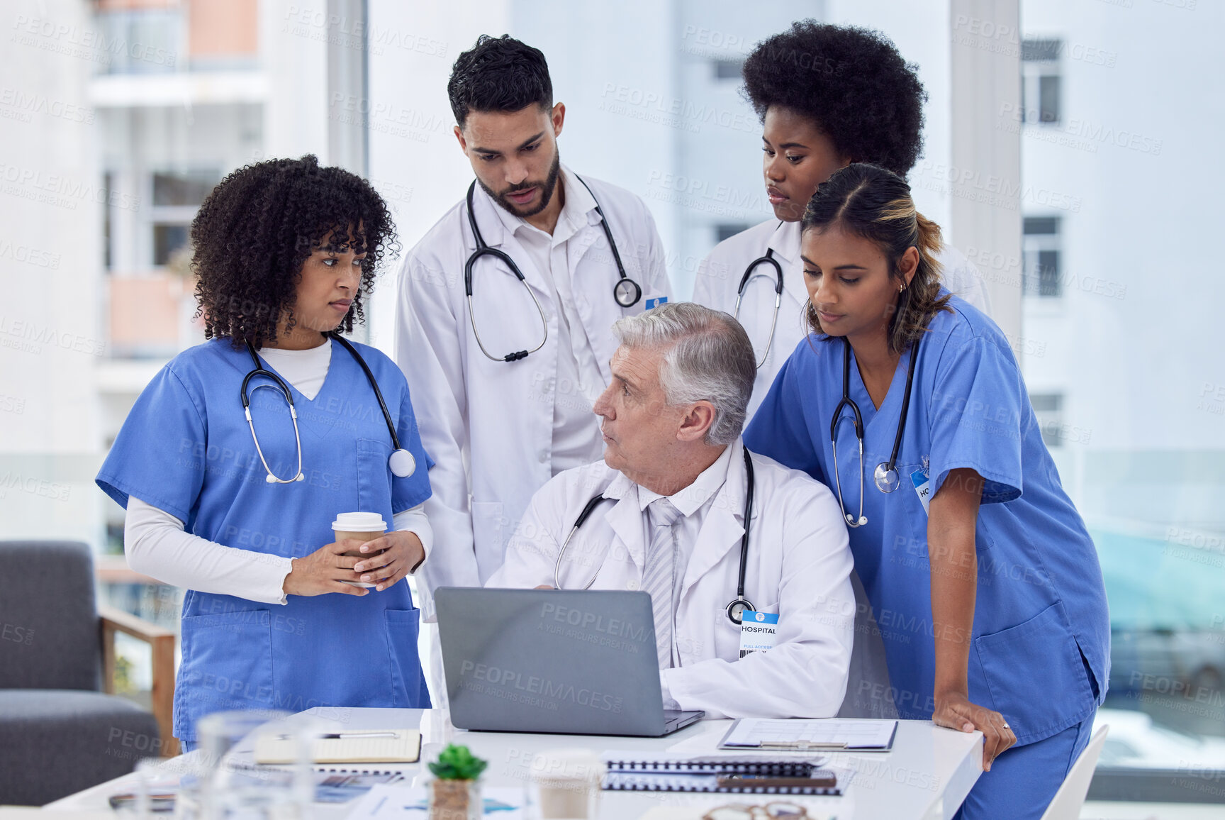 Buy stock photo Doctors, nurses or laptop in hospital training, learning or workshop for medicine treatment, teamwork or diversity collaboration. Planning, men or healthcare worker women on clinic meeting technology
