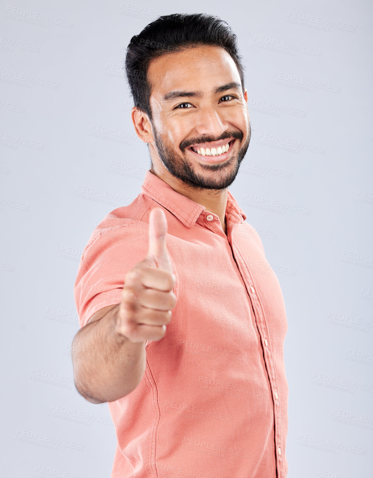 Buy stock photo Thumbs up, thanks and like with portrait of man for vote, well done and promotion for good news. Happy, smile and emoji with guy and positive hand gesture for opinion, agreement and approval