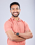 Portrait, arms crossed and smile of Asian man in studio isolated on a gray background. Boss, professional and happy male entrepreneur from Singapore with career pride, confidence or success mindset.