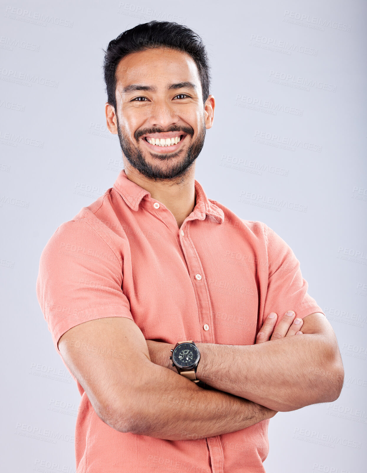 Buy stock photo Portrait, arms crossed and smile of Asian man in studio isolated on a gray background. Boss, professional and happy male entrepreneur from Singapore with career pride, confidence or success mindset.