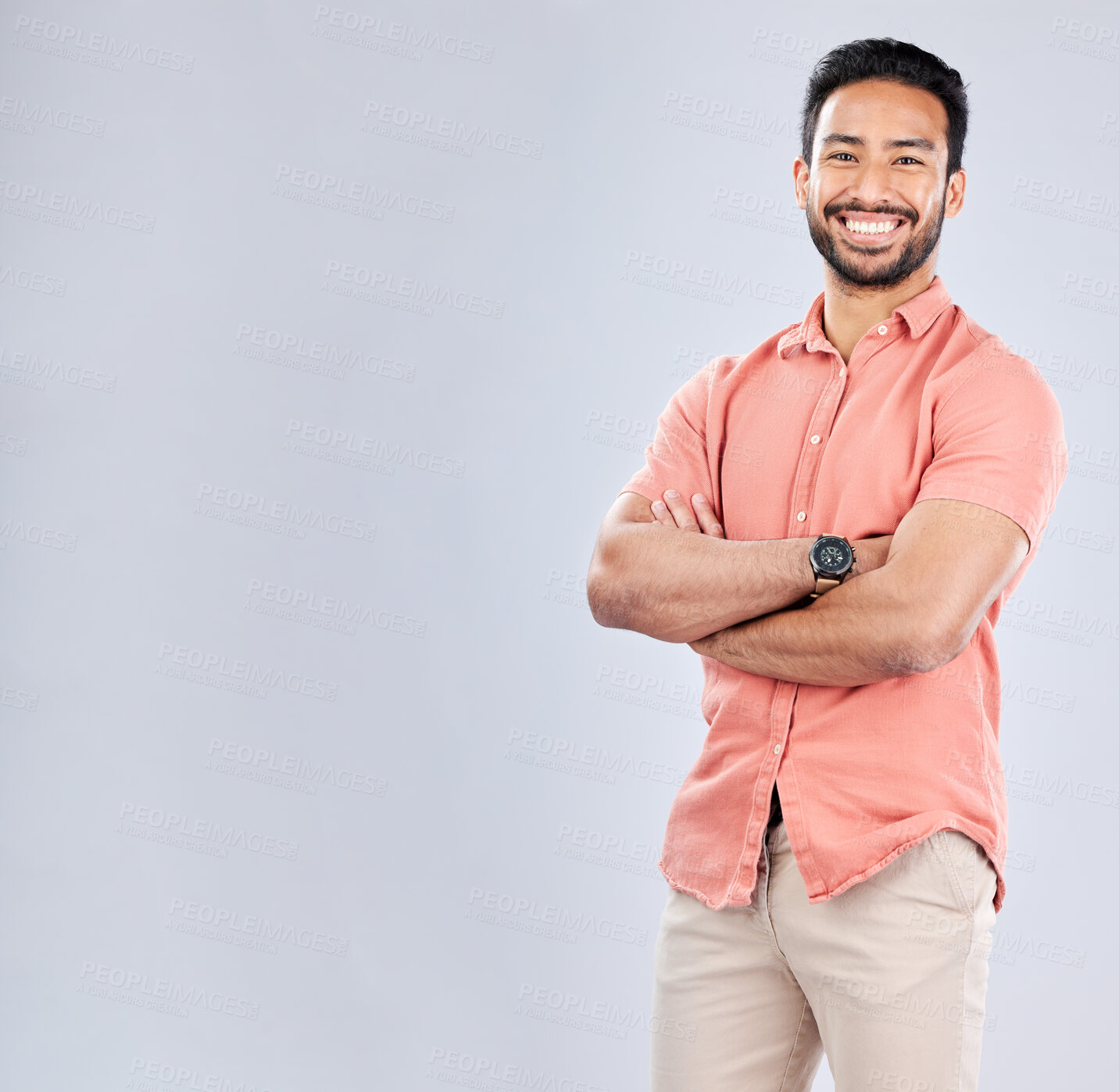 Buy stock photo Portrait, mockup and a man in studio, crossed arms standing on a gray background for branding or product placement. Marketing, advertising and mock up with a young male posing for fashion or style