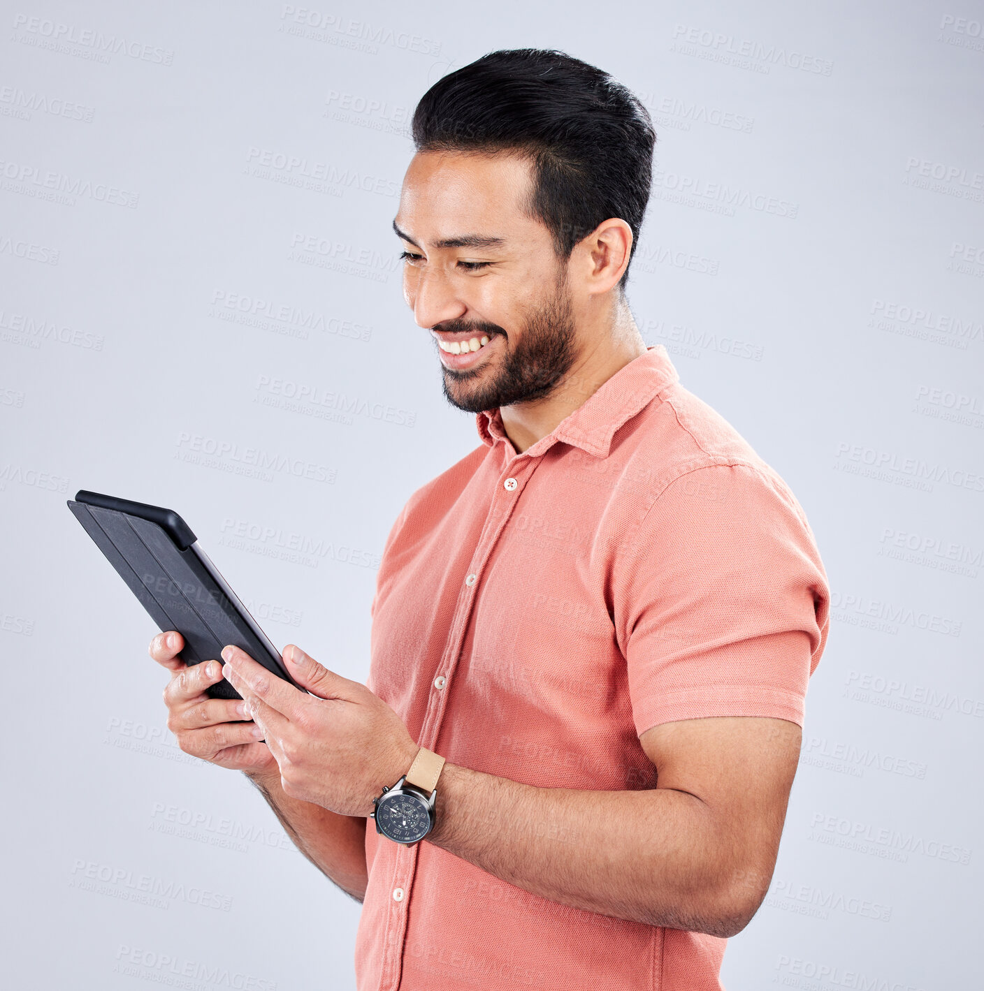 Buy stock photo Asian man, tablet or browsing on isolated studio background on internet sales, promotion or ecommerce store deals. Smile, happy or relax customer on technology, retail e commerce or online shopping