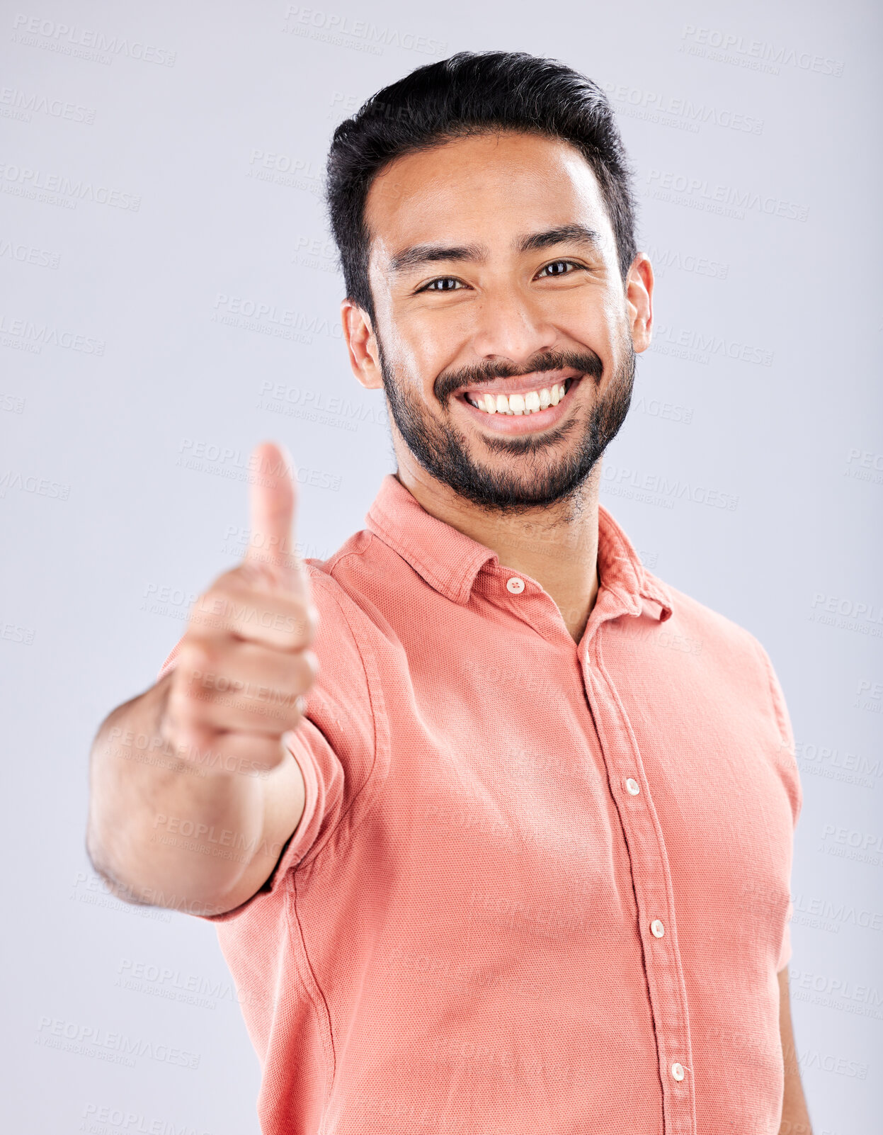 Buy stock photo Thumbs up, great and happy with portrait of man for vote, well done and promotion for good news. Opinion, smile and emoji with guy and positive hand gesture for thank you, agreement and approval