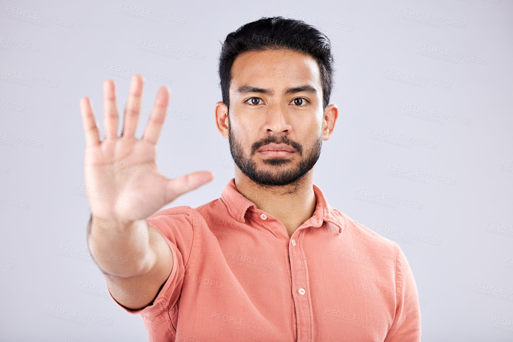 Buy stock photo Stop, serious and portrait of an Asian man with a hand isolated on a grey studio background. Negative, no and Japanese guy with a gesture for rejection, deny and forbidden warning on a backdrop